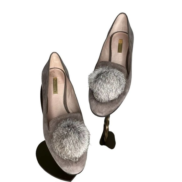 Louise et Cie "Lo Andres" Gray Suede Loafers w/Rabbit Fur Pom-Pom 8.5M - Picture 1 of 9